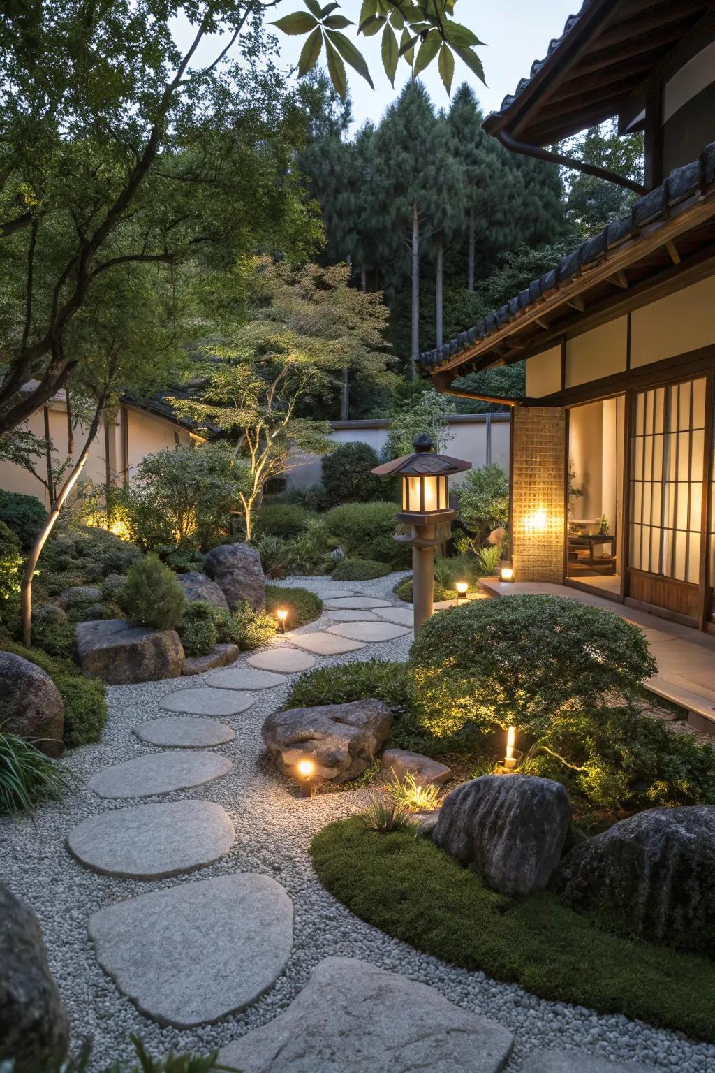 Subtle lighting transforms the zen garden at night