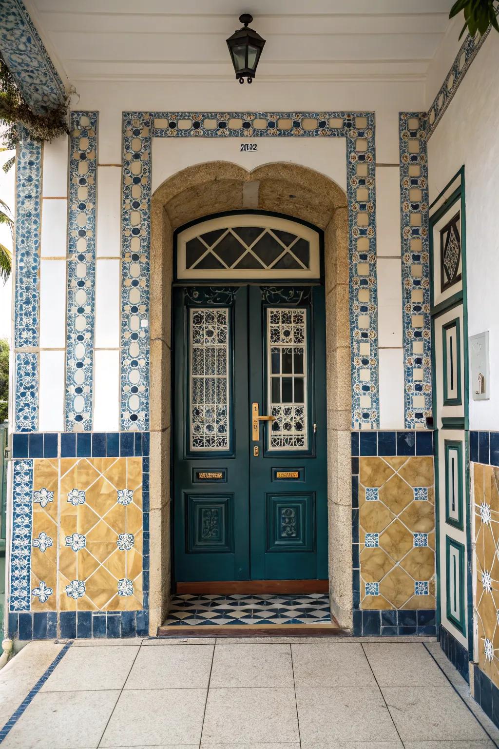 Contrasting tile colors adding depth to the entryway