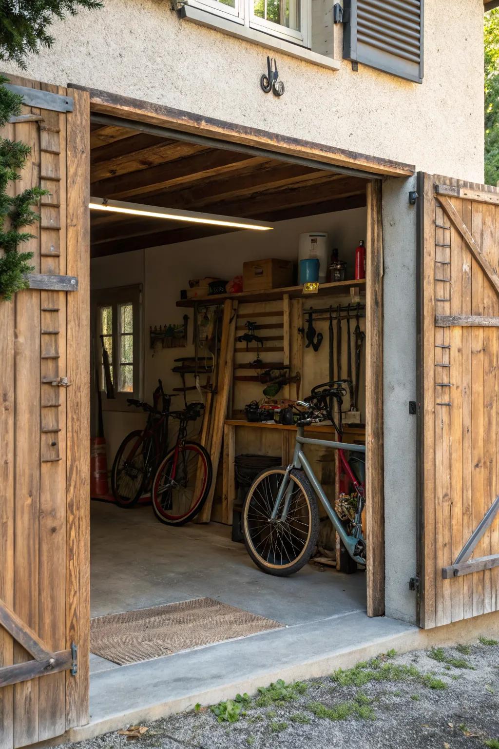 Wooden elements add rustic charm to your garage.