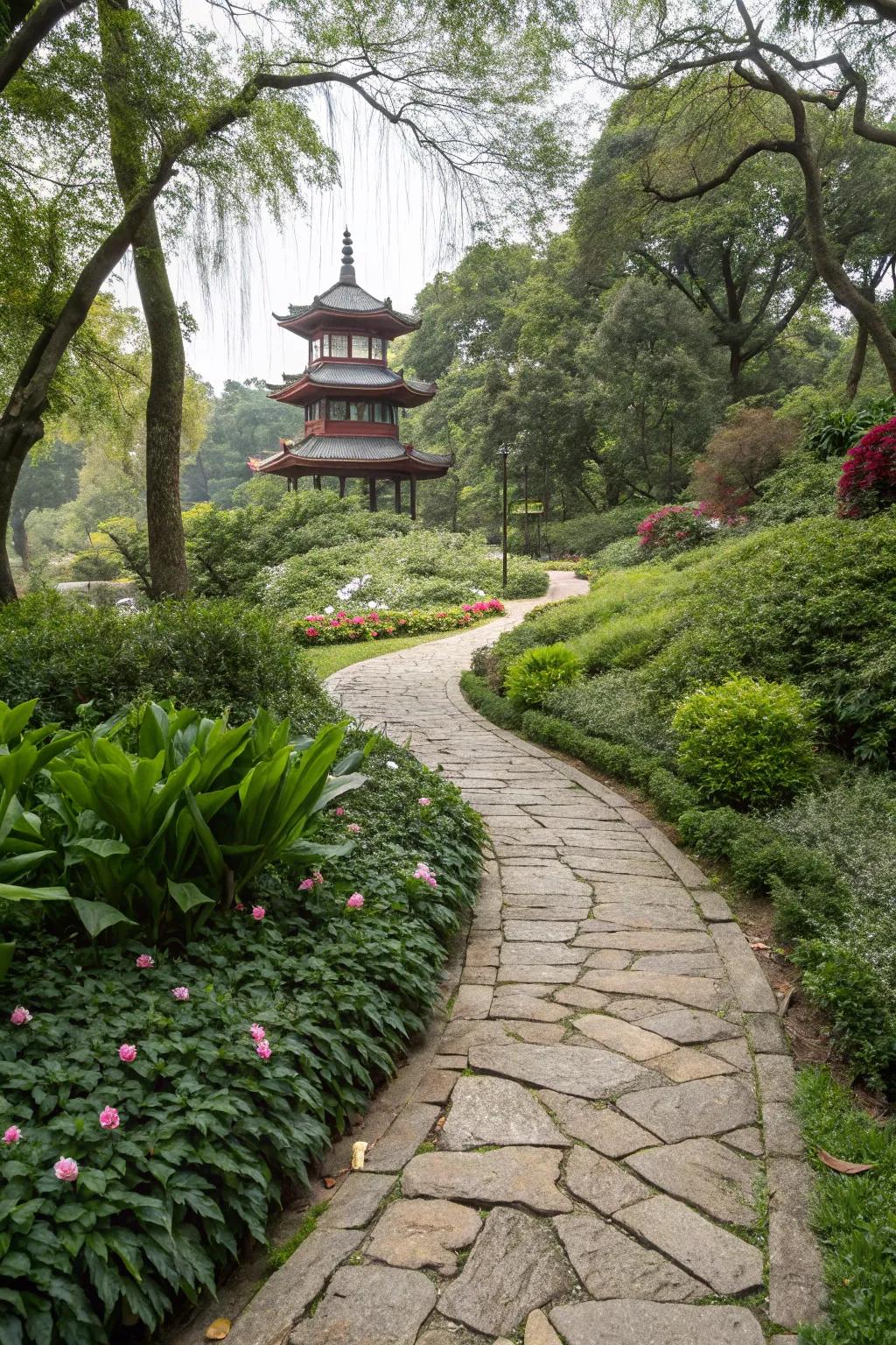 A winding stone pathway invites you to explore the garden's hidden treasures.
