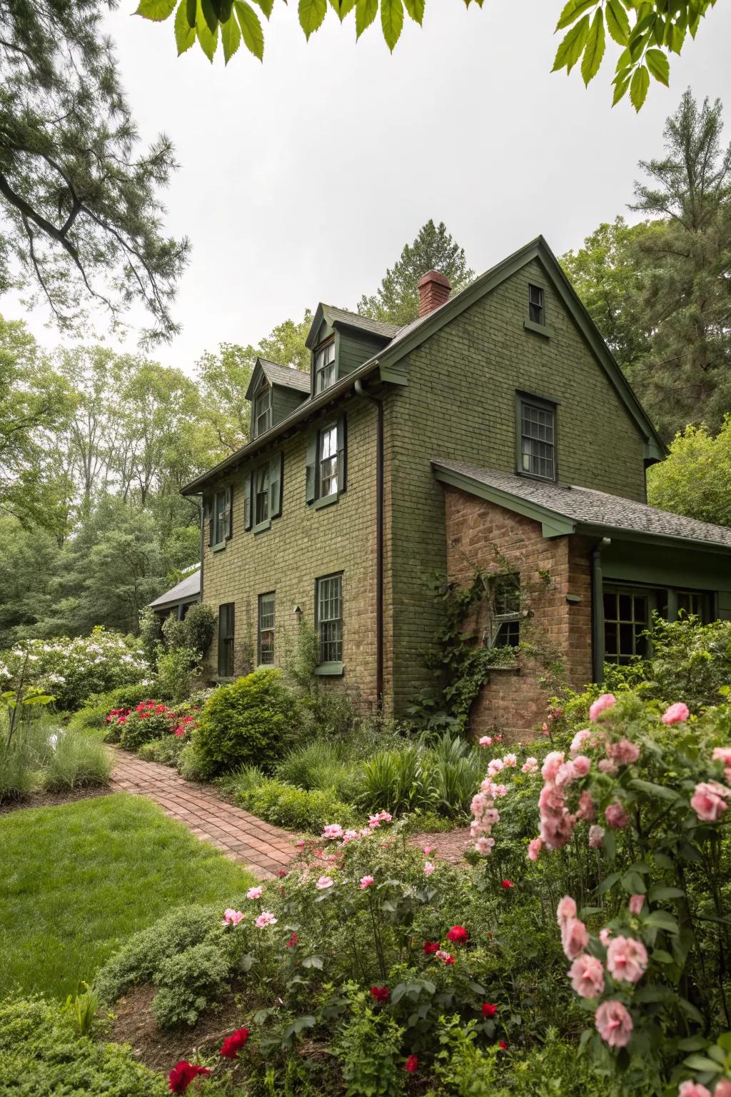 Olive green painted brick harmonizes with nature.