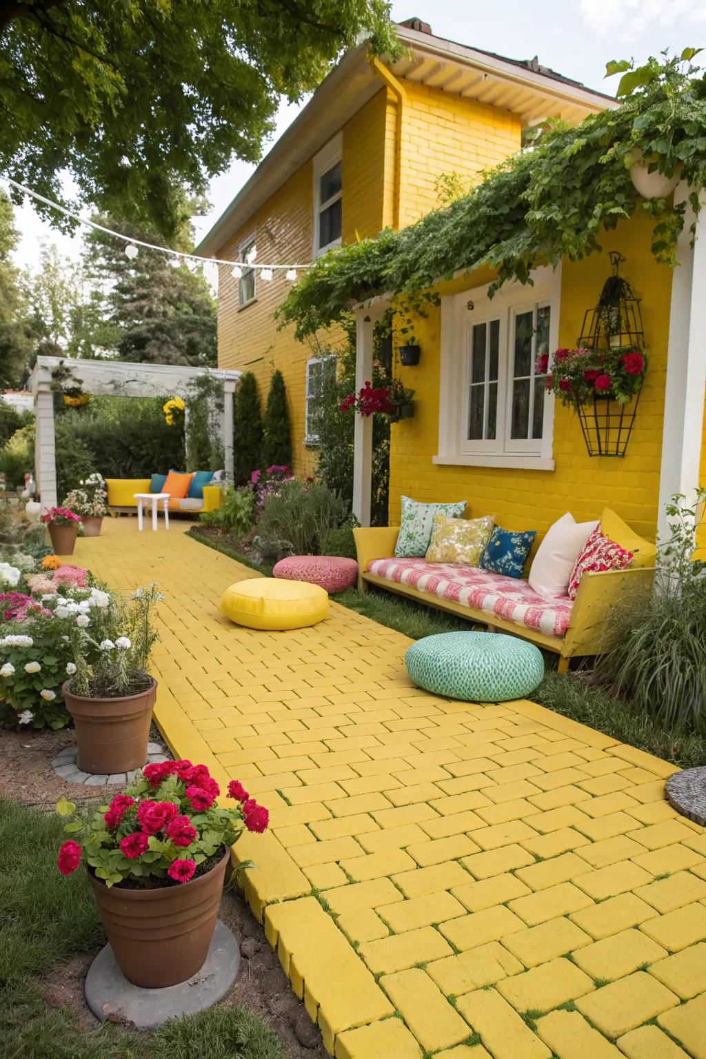 A vibrant yellow patio brings a sunny, cheerful atmosphere.