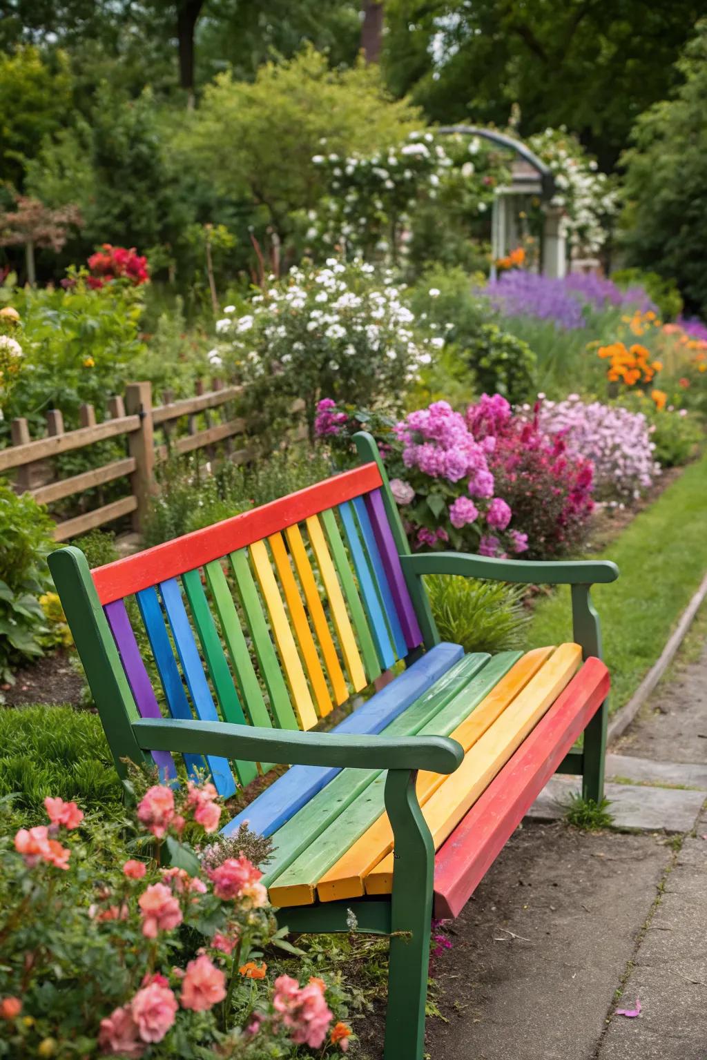 A rainbow bench that adds a splash of joy to any garden.