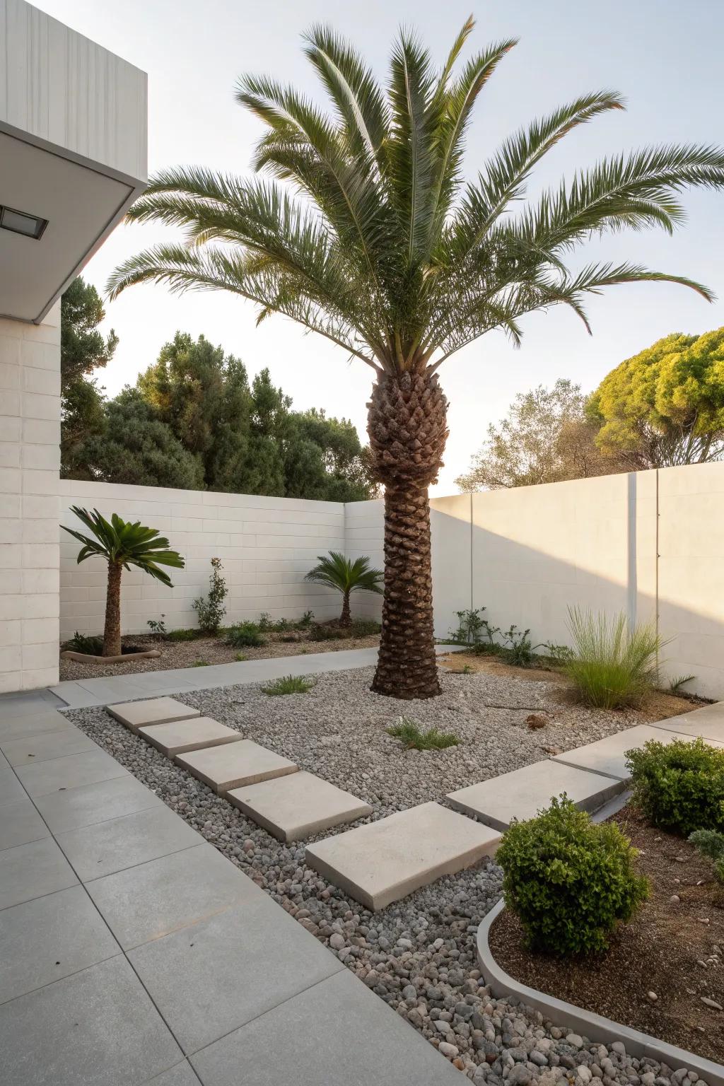 A minimalist modern garden with a single palm as the focal point.
