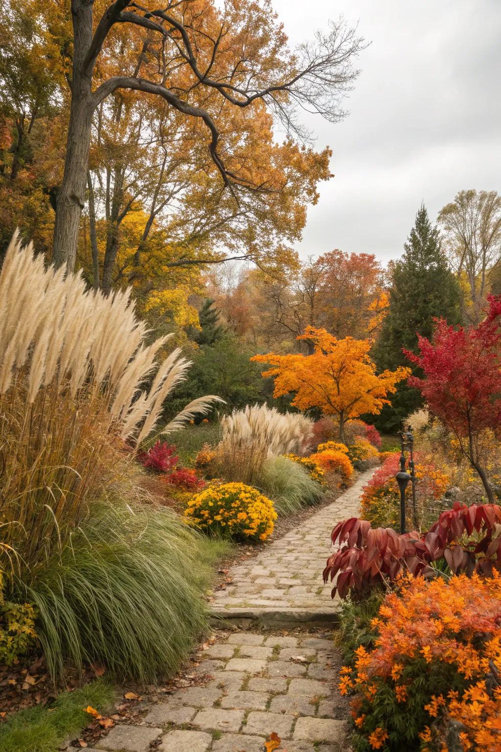 Pampas grass contrasts beautifully with autumn foliage.
