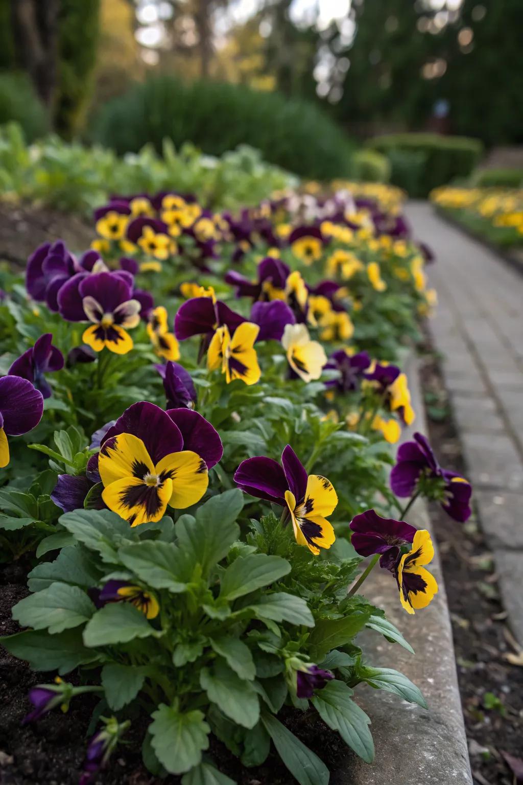Contrasting pansy colors for a striking garden display.