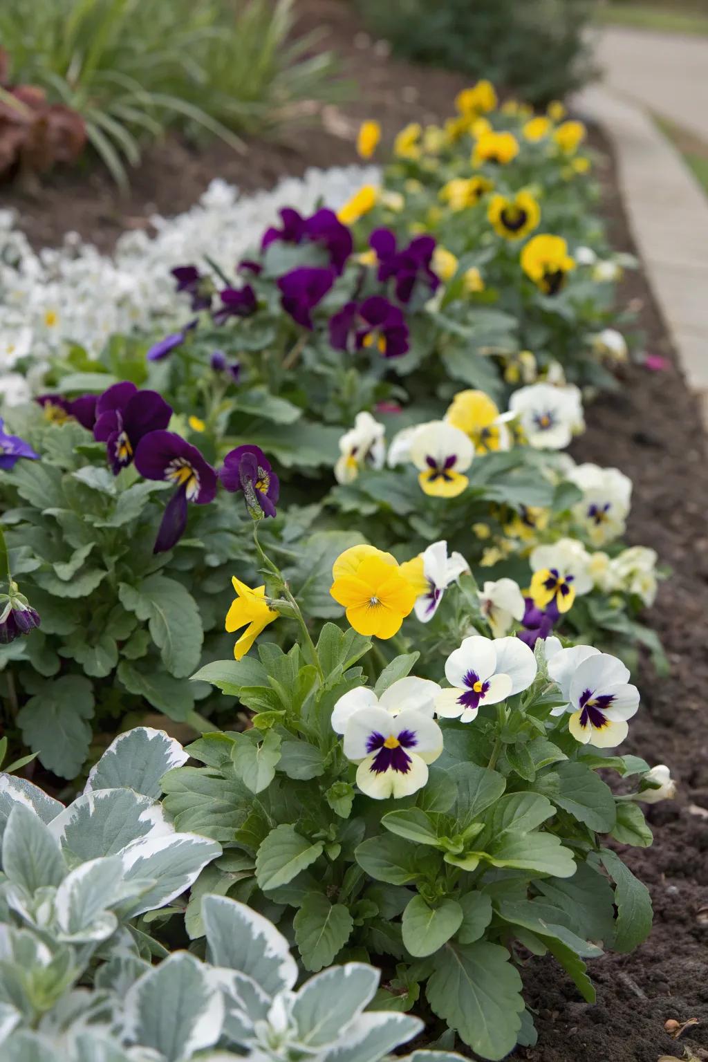 A striking mix of pansies and contrasting plants for bold garden visuals.