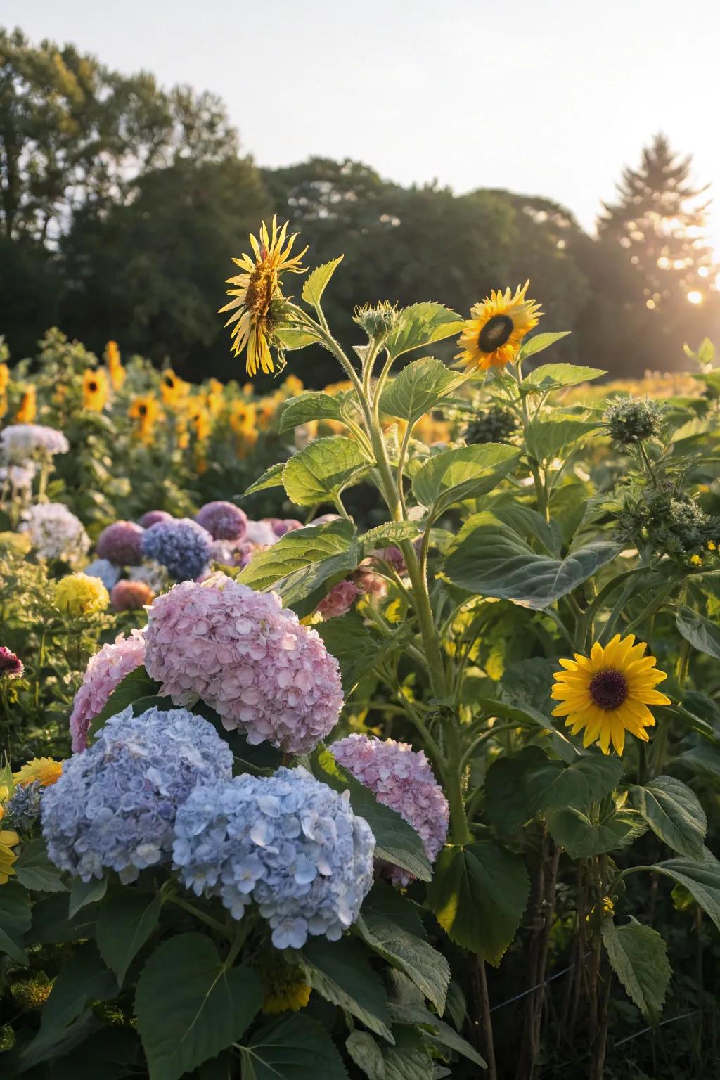 Hydrangeas create a striking focal point with their showy blooms.