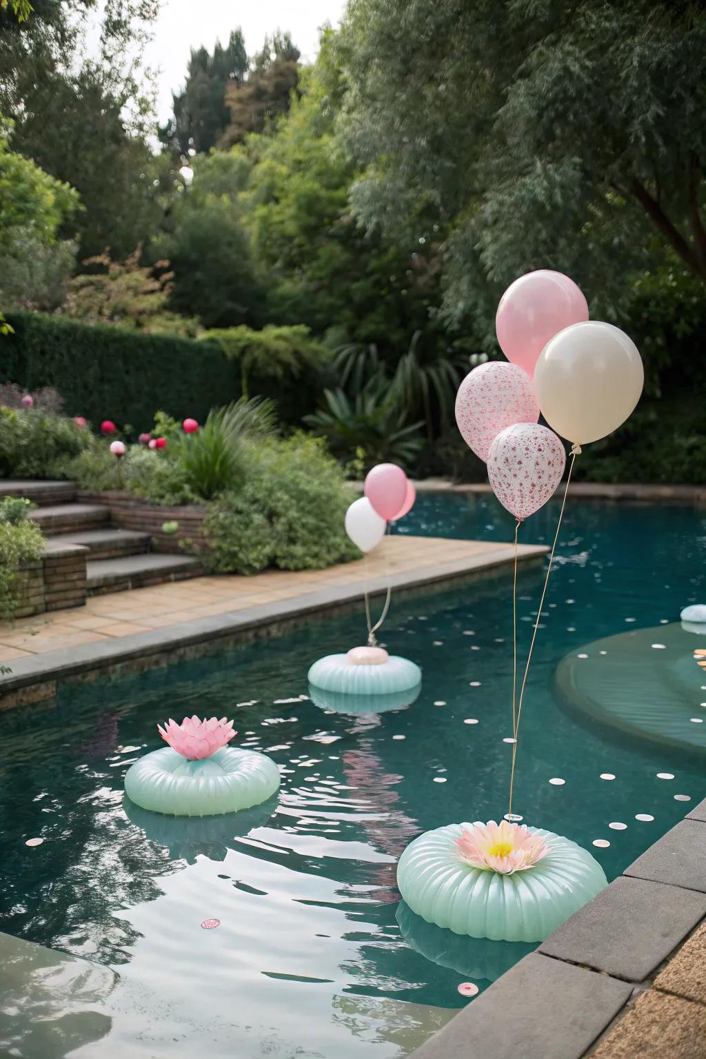 Floating decor adds a whimsical touch to the pool.