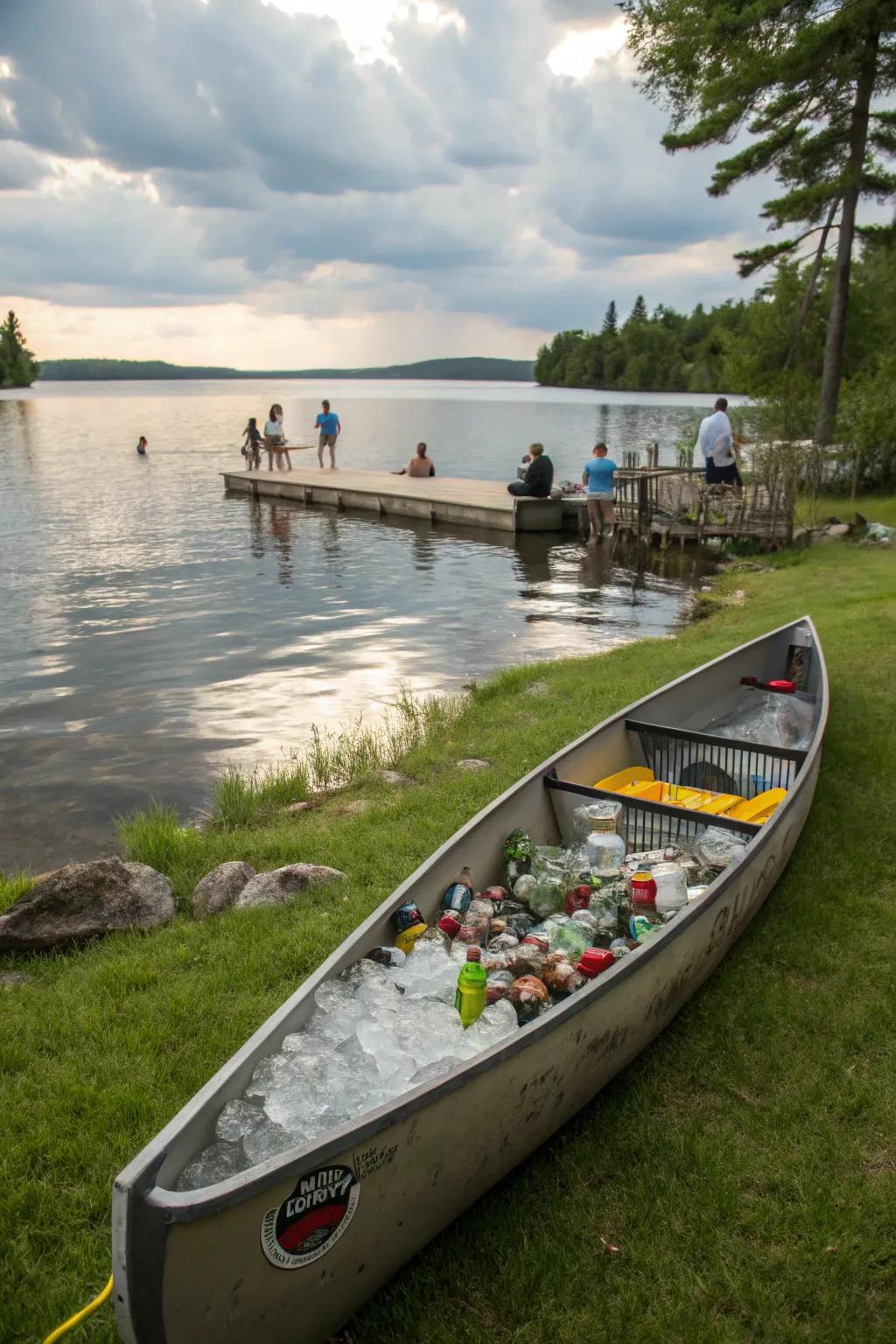 A canoe drink holder adding nautical charm to lakeside gatherings.