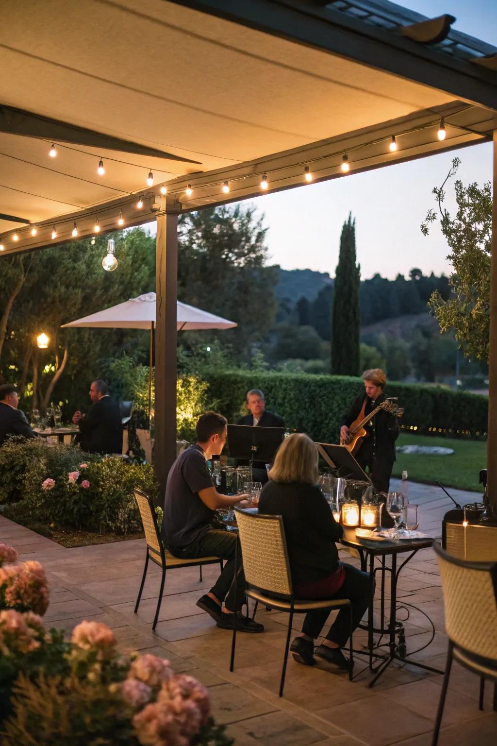 A lively patio party with live music creating a festive atmosphere.