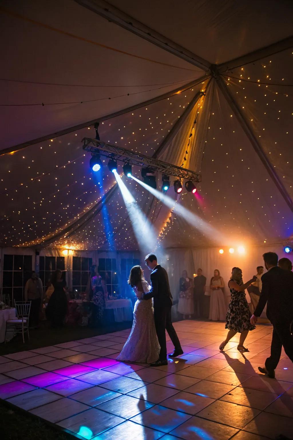 Spotlights highlight key areas like dance floors.