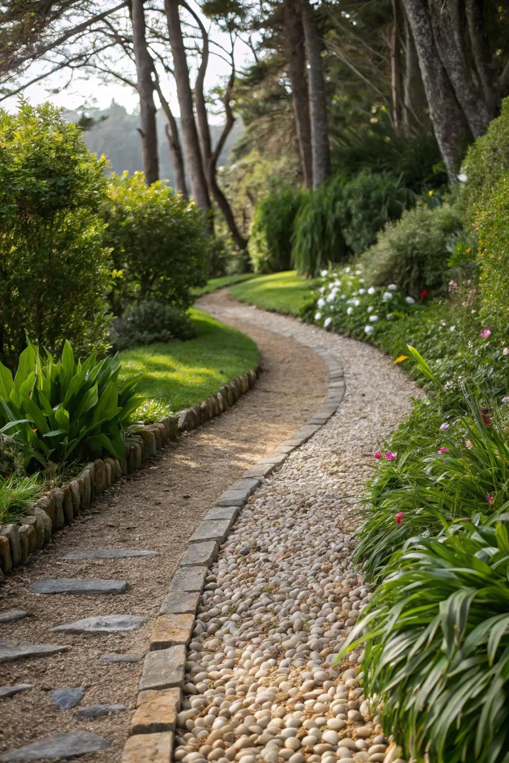 Pebbles and stones create an elegant, natural pathway.