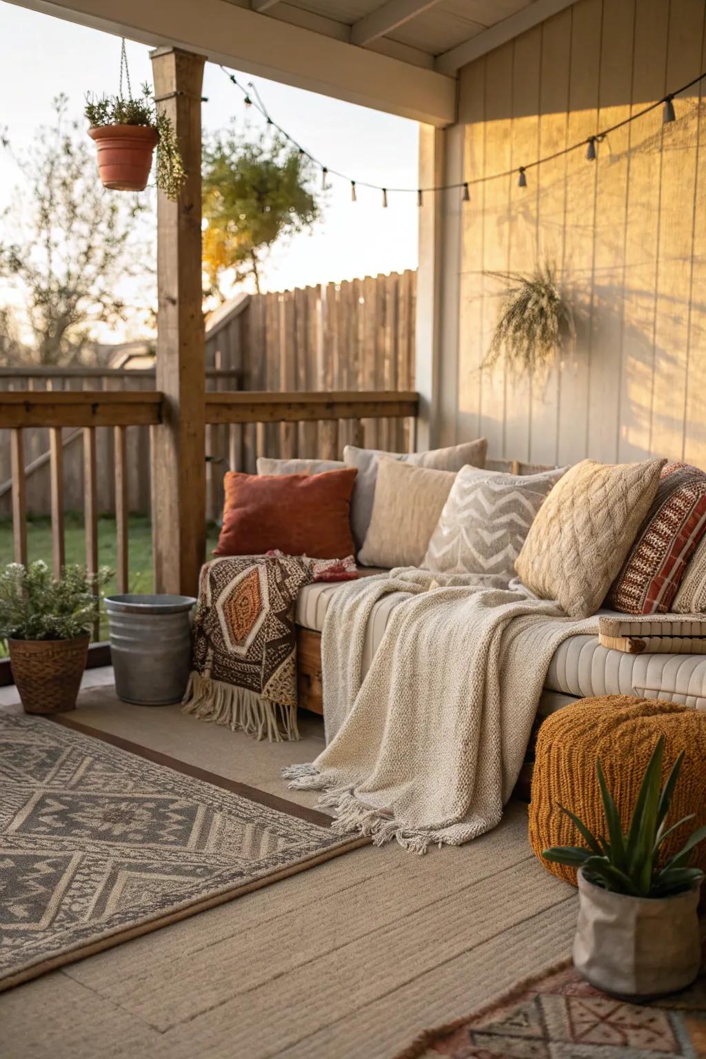 Throws, pillows, and rugs add layers of comfort to your porch.