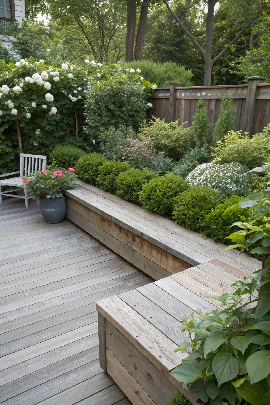 A custom built-in bench that seamlessly fits into the patio design.