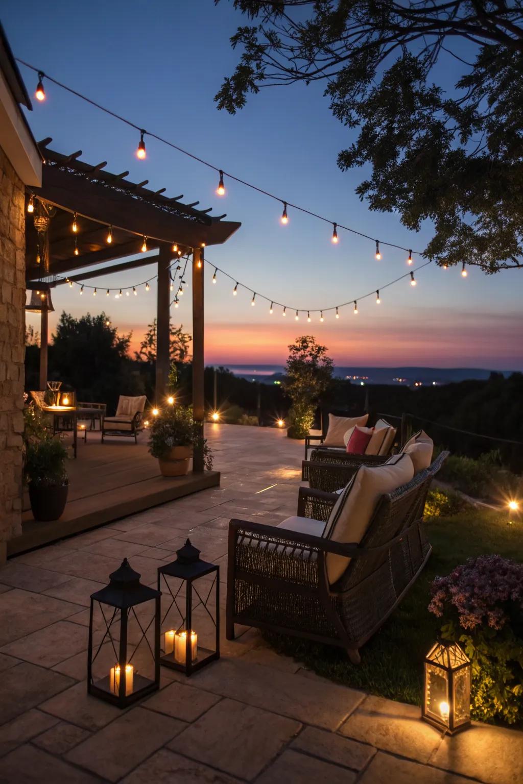A patio beautifully illuminated with ambient lighting at dusk.
