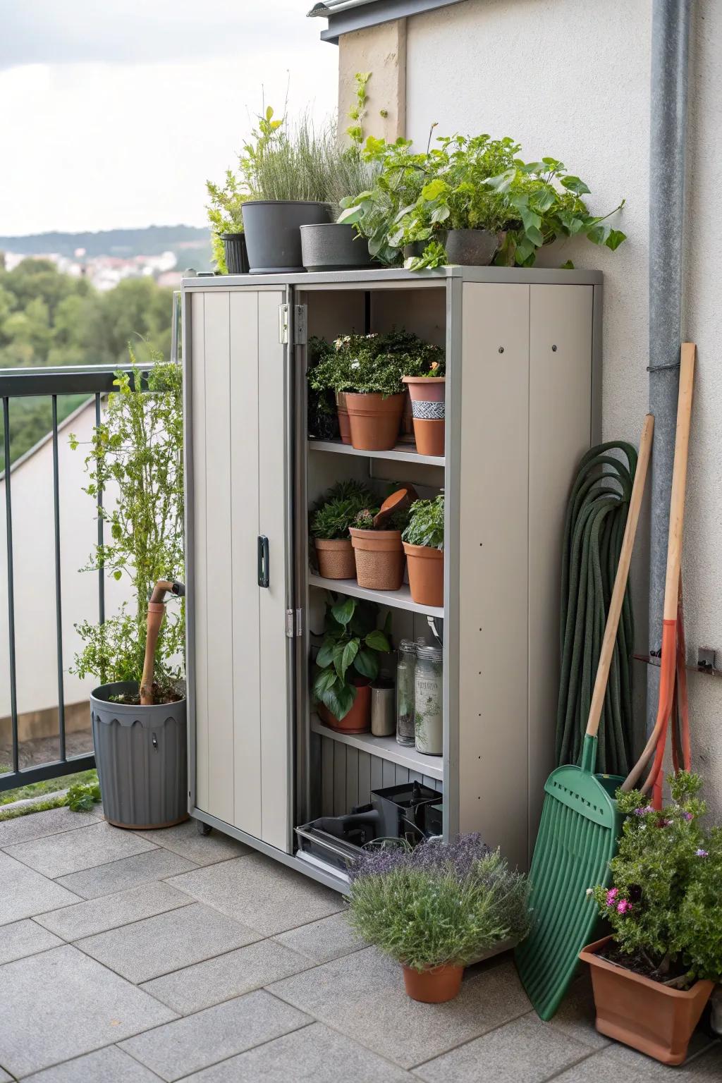 Vertical storage is perfect for compact patios, keeping essentials tidy and accessible.