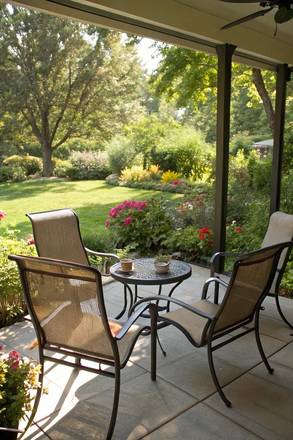Lightweight mesh sling chairs offering cool comfort on a sunny patio.