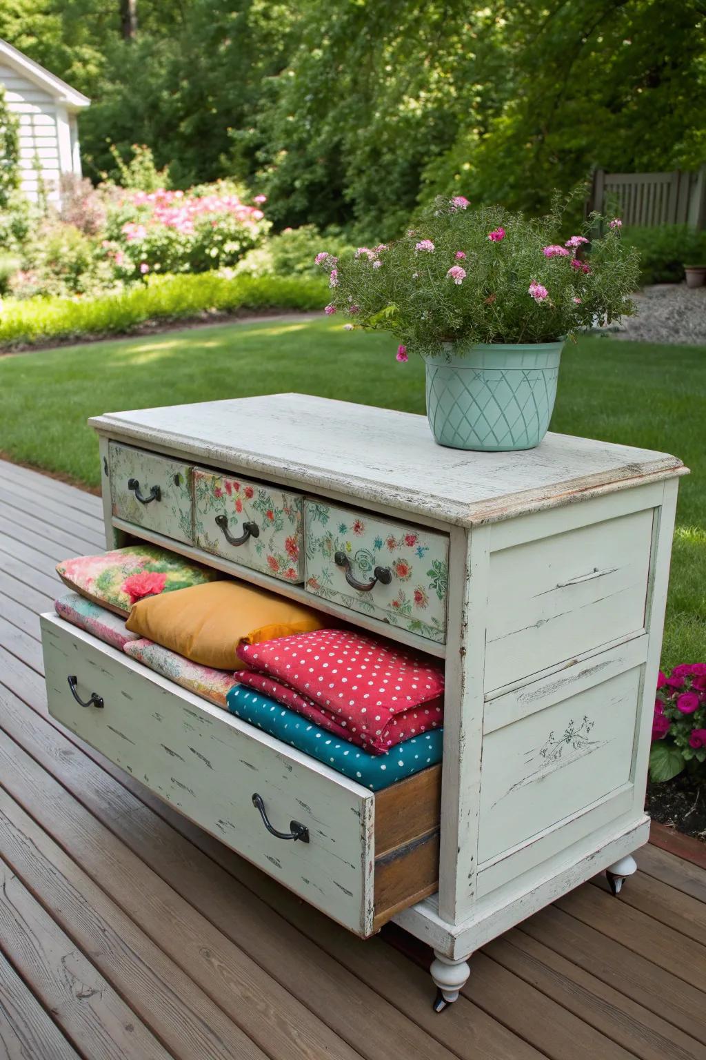 Give new life to old furniture by turning it into a unique storage piece for your patio.
