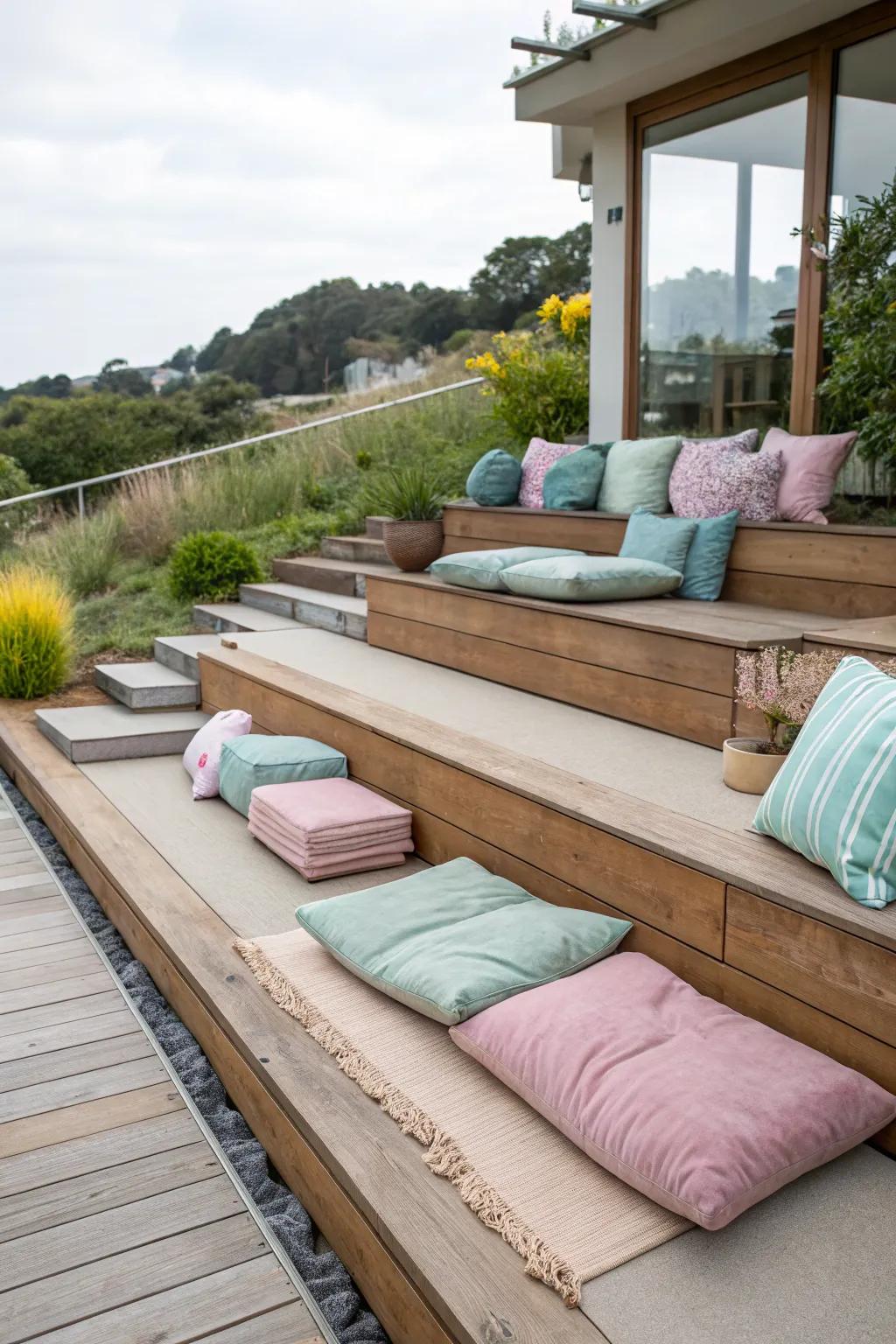 Integrated seating adds comfort and style to your steps.