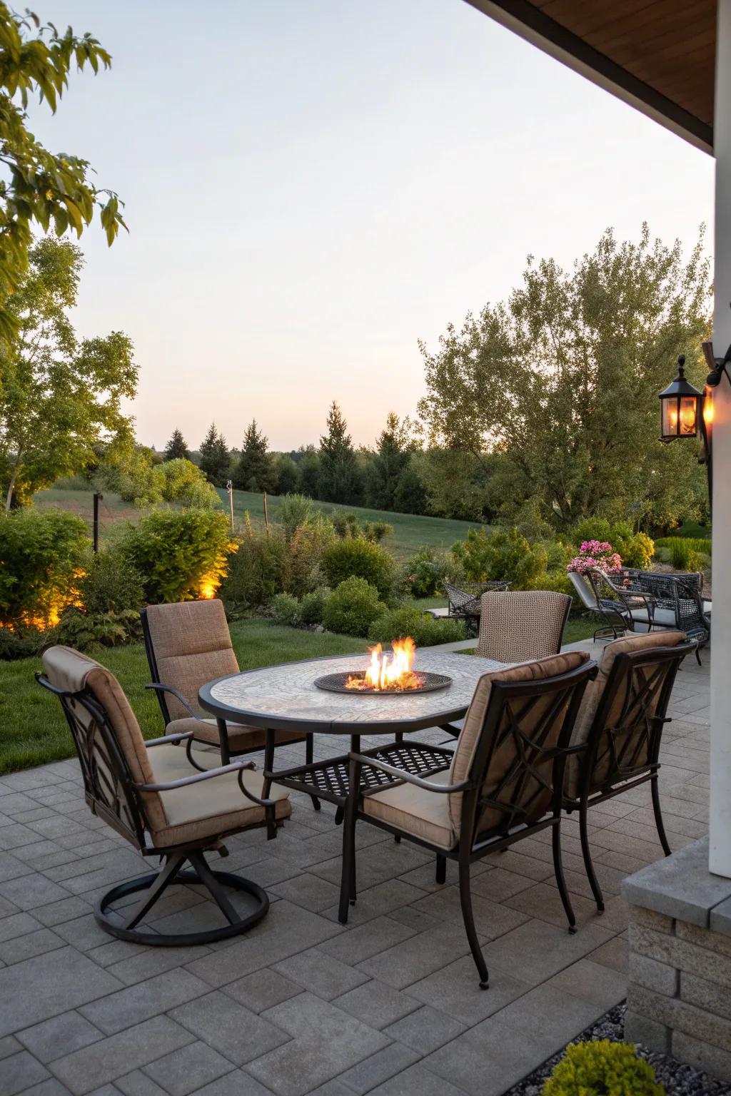 A fire pit next to a dining area for versatile outdoor entertaining.