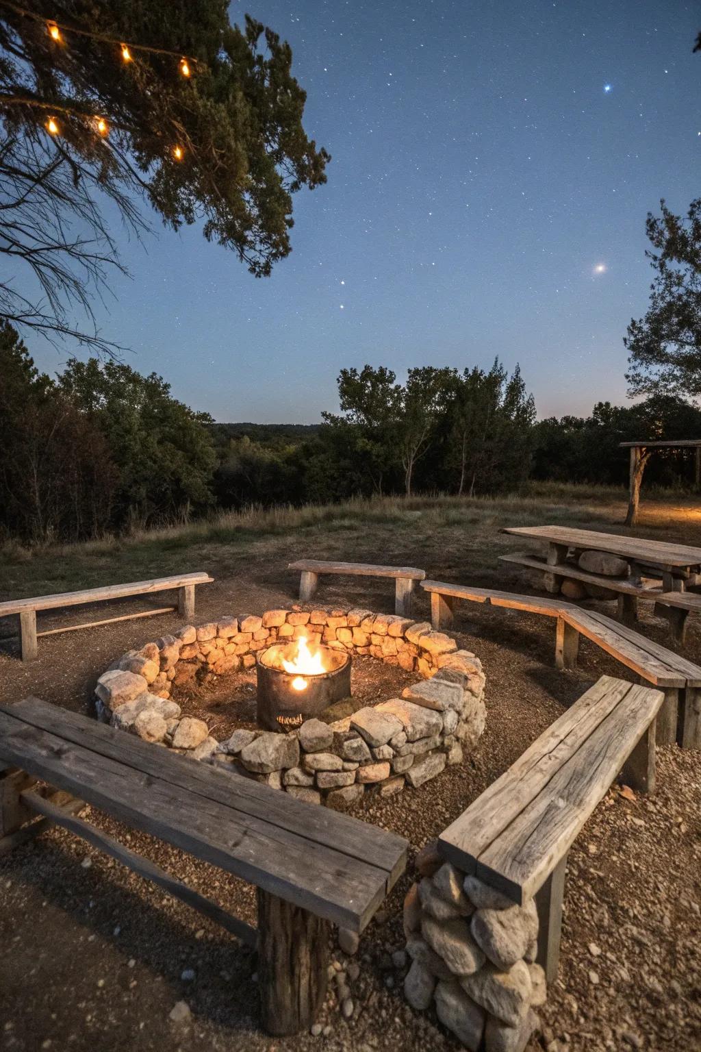 Rustic benches around a fire pit for a relaxed and casual outdoor setting.