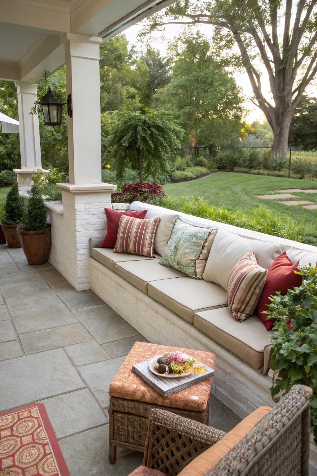 Built-in seating adds functionality and comfort to your patio.