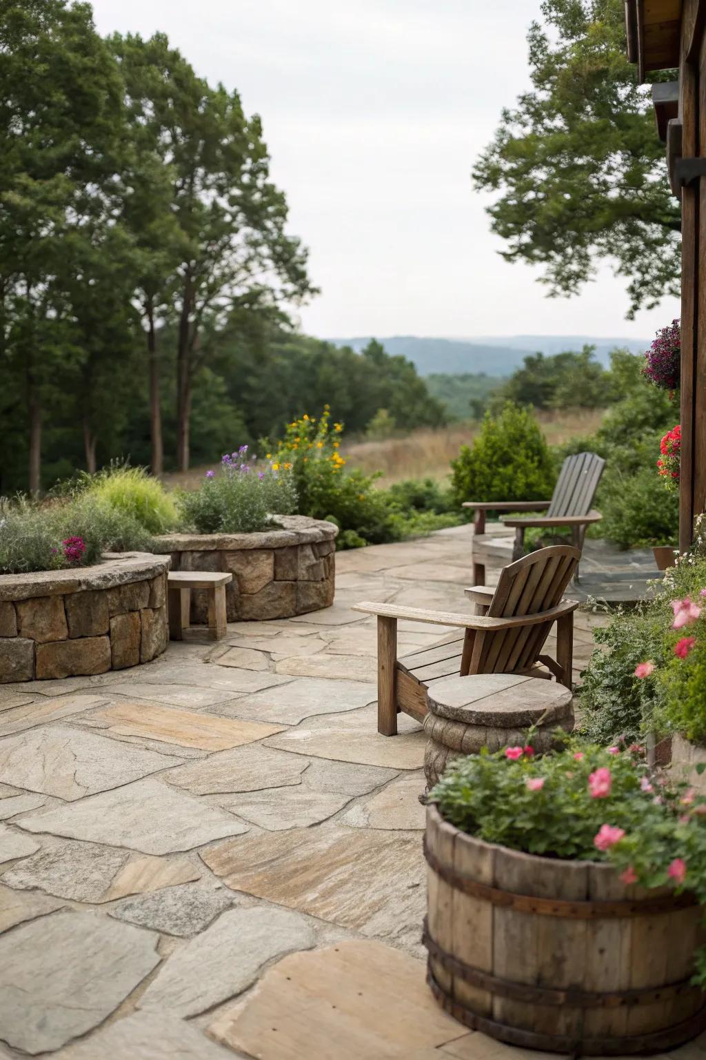 A classic natural stone patio that complements any garden.