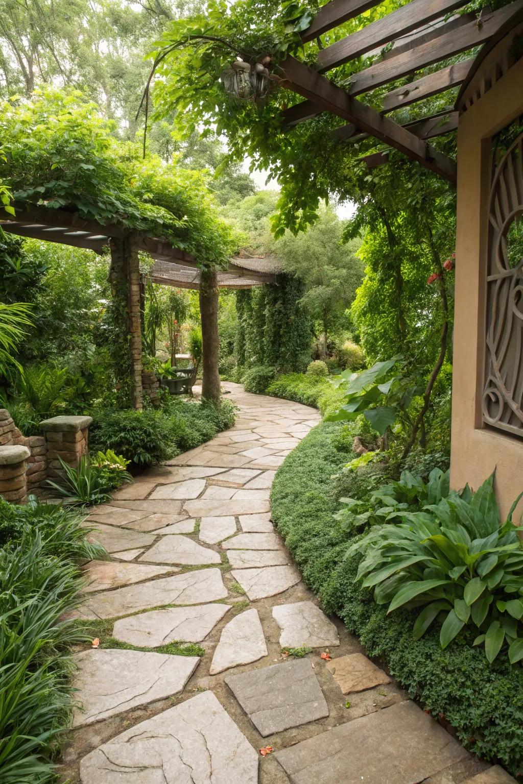 Create inviting pathways on your patio with rustic stone elements.