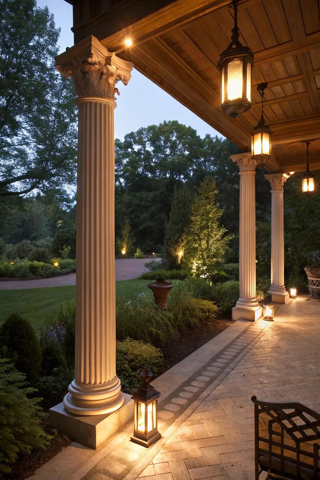 Lighting features on pillars create a magical ambiance.