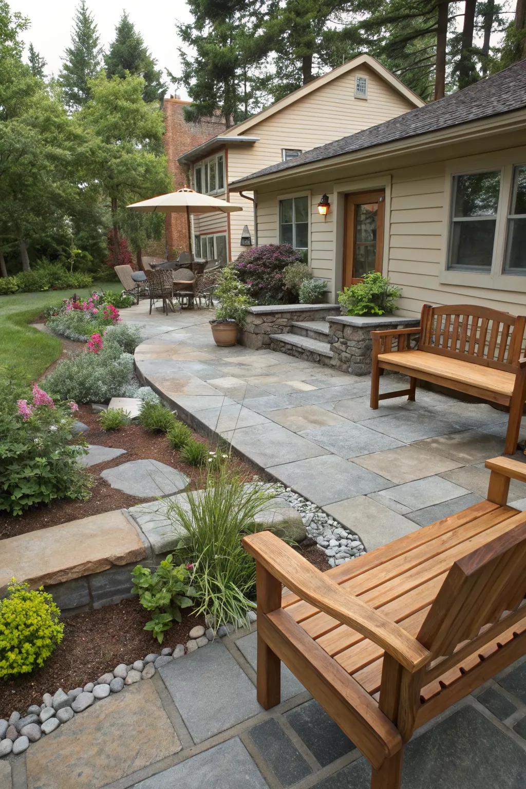 A patio featuring a mix of wood and stone materials for a distinctive look.