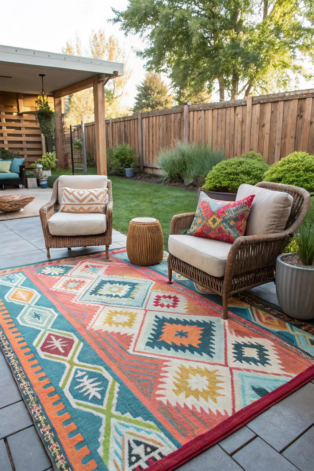Outdoor rugs add warmth and style to a patio.