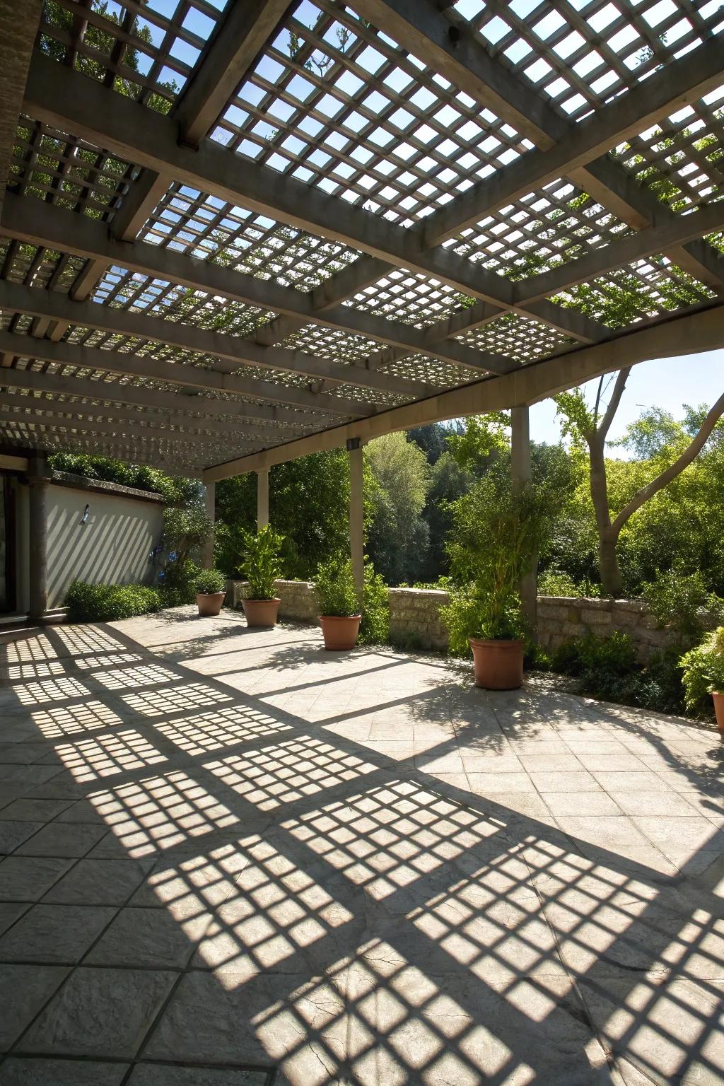 Lattice roofs offer partial shade and interesting light patterns.