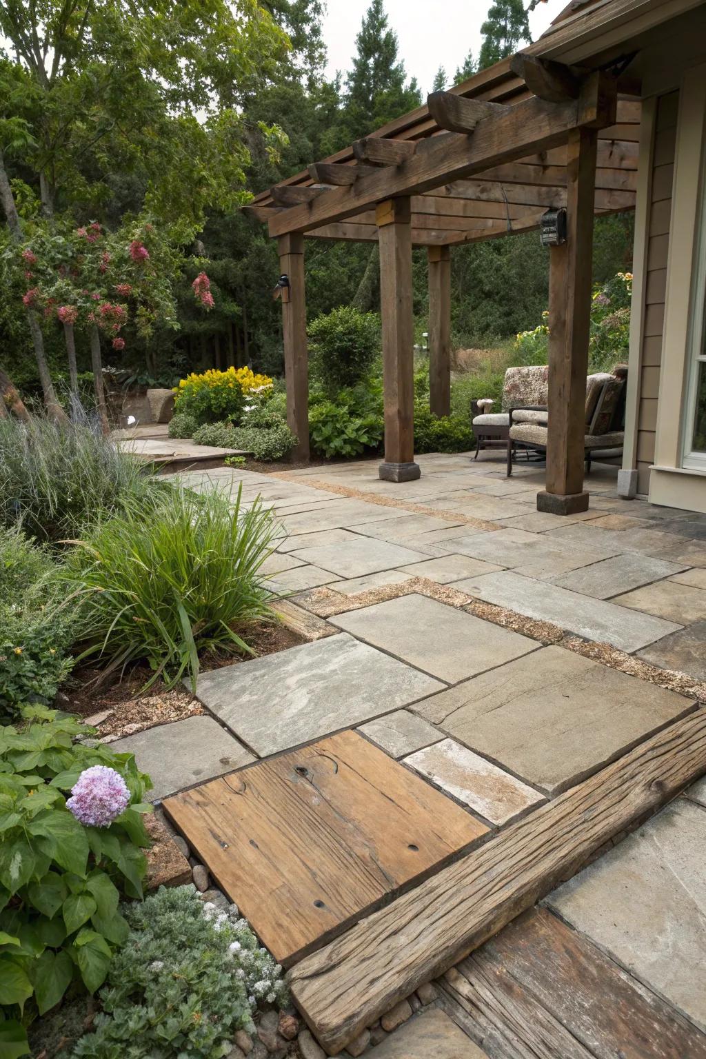 A mix of materials creates a textured, inviting patio space.