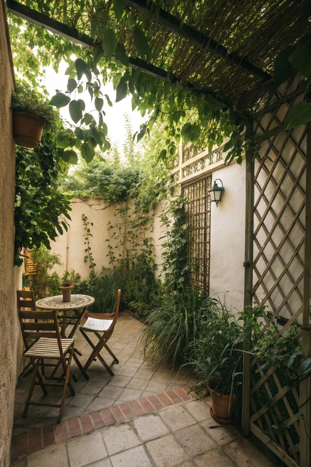 Tall plants and a trellis creating a private patio retreat.