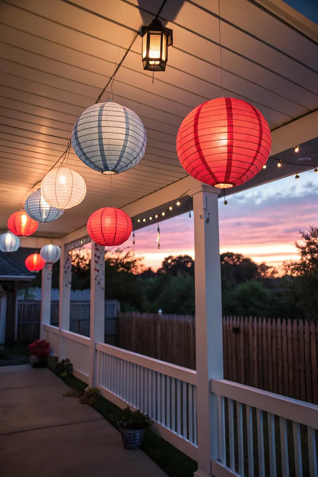 Lanterns provide a cozy and inviting atmosphere on the porch.