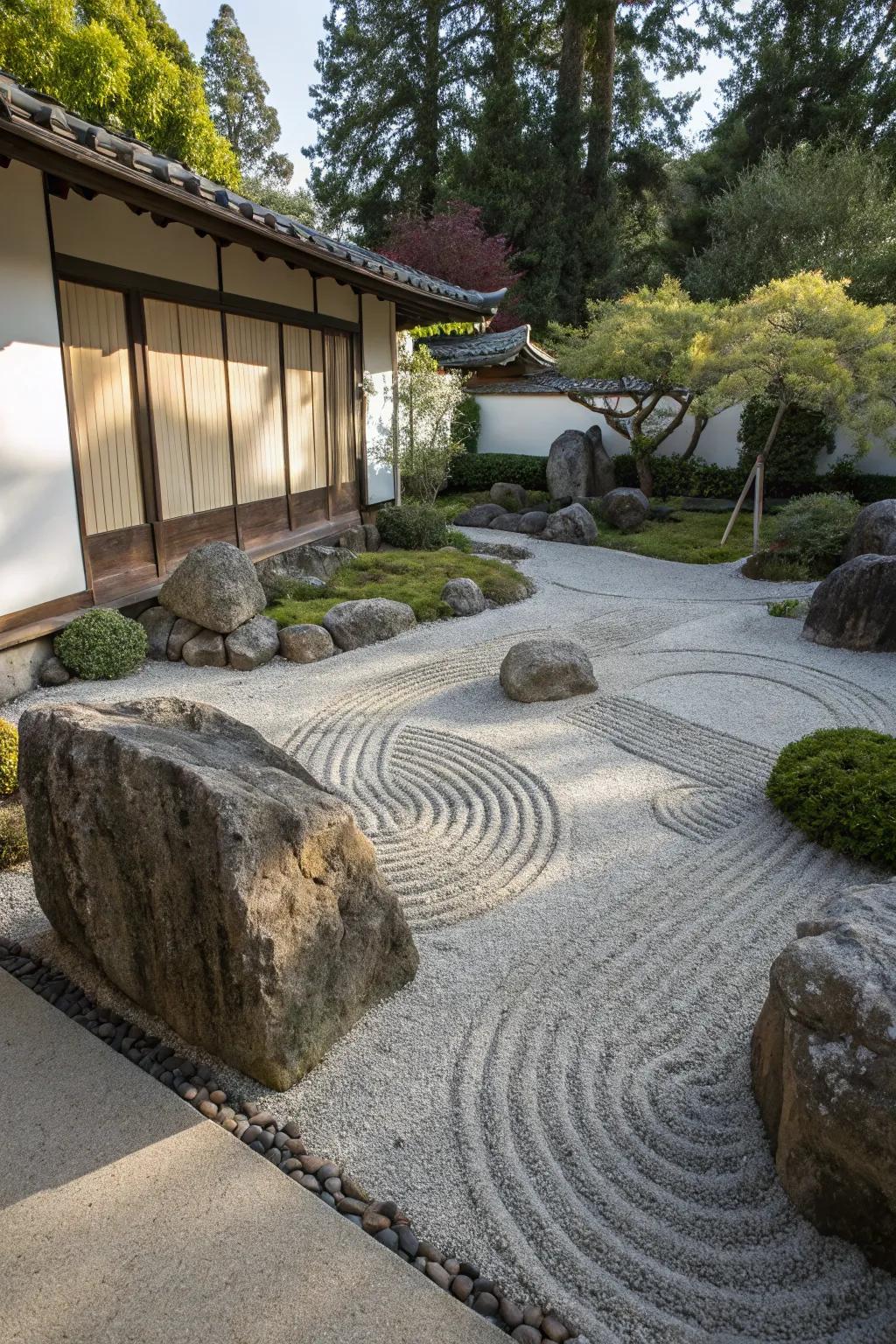 A serene Zen garden patio featuring raked gravel and stones.