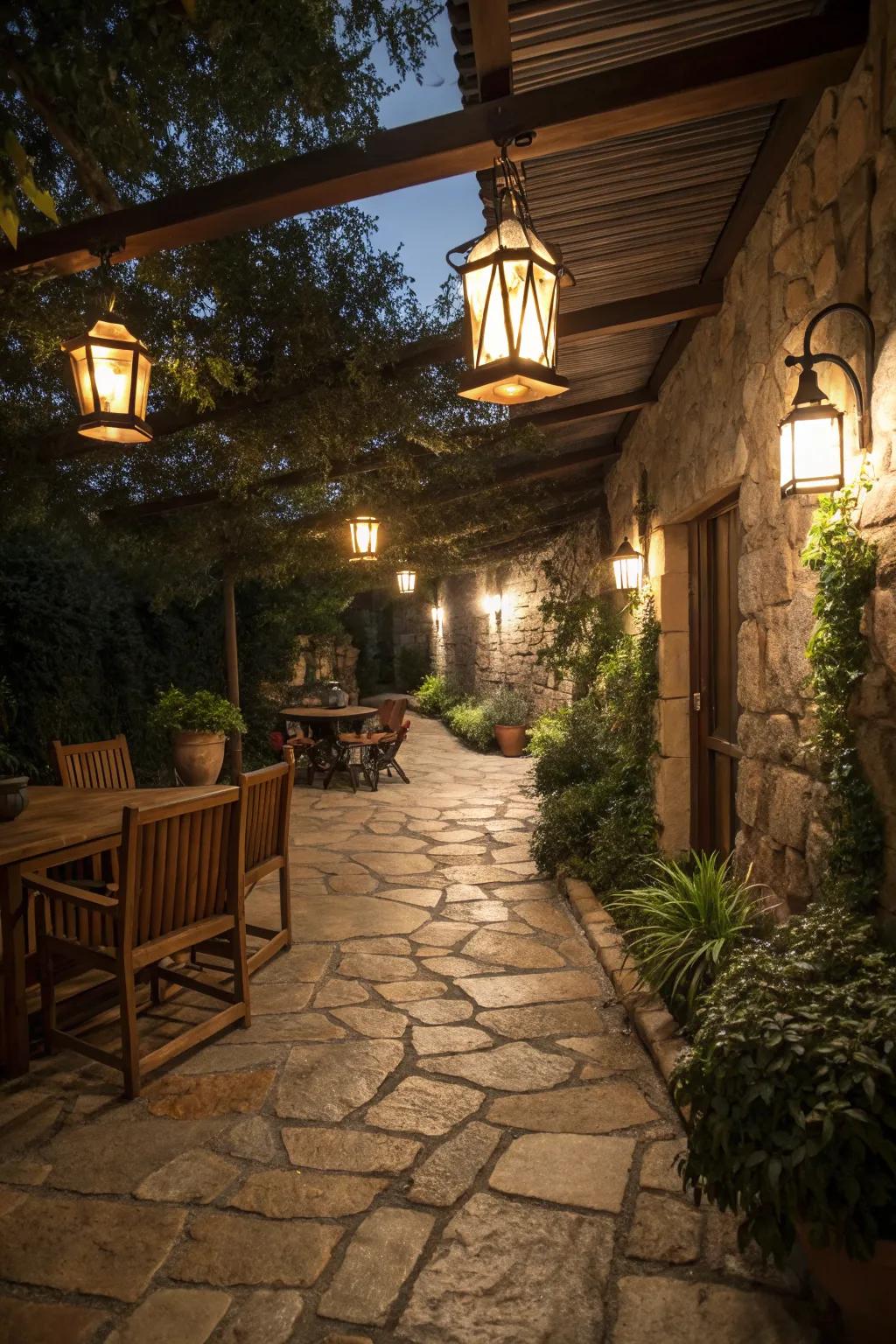 Overhead lanterns bring rustic charm and practical lighting.