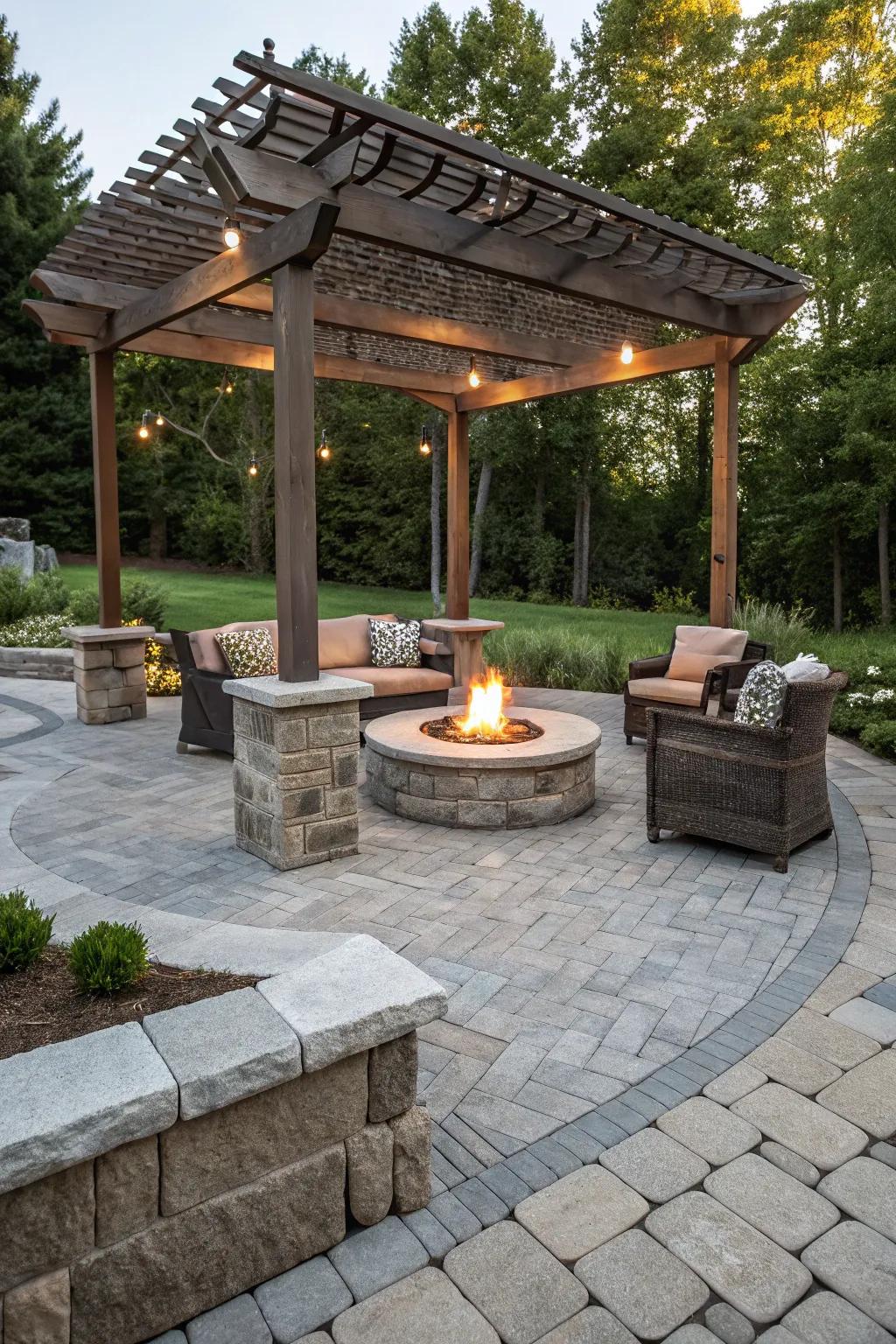 A fire pit provides a cozy focal point on cooler nights.
