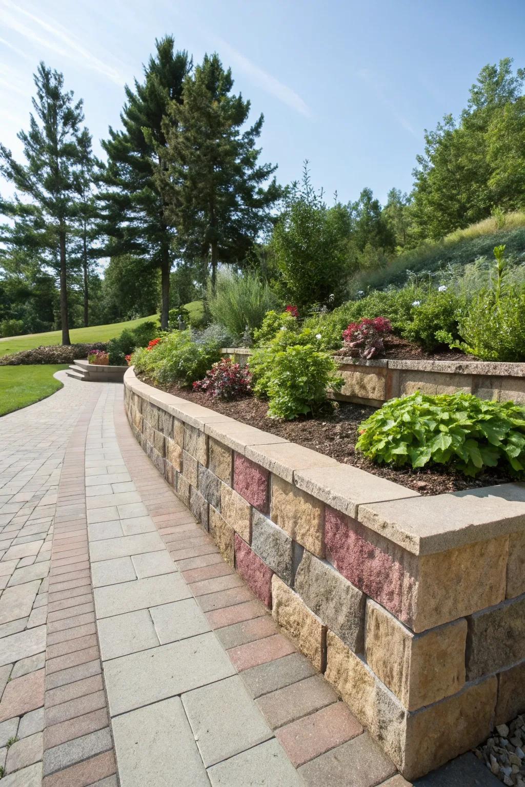 A colorful and textured paver retaining wall.