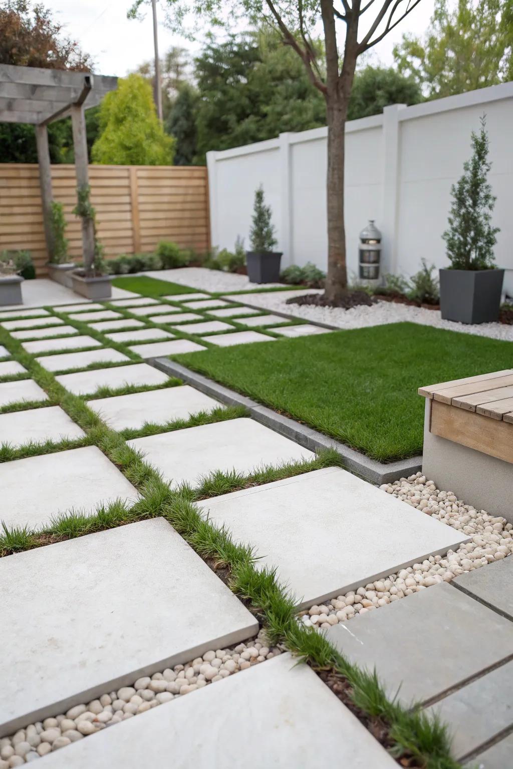 Minimalist design with pavers and turf for an open feel.