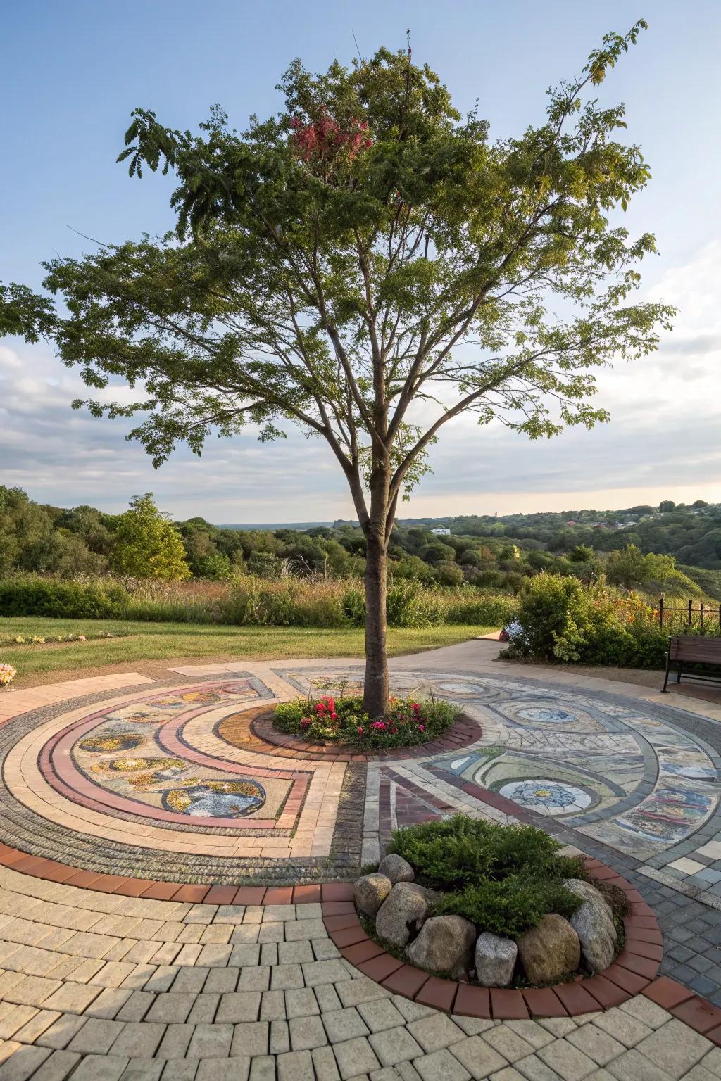 A creative mix of paver sizes and colors around a tree.
