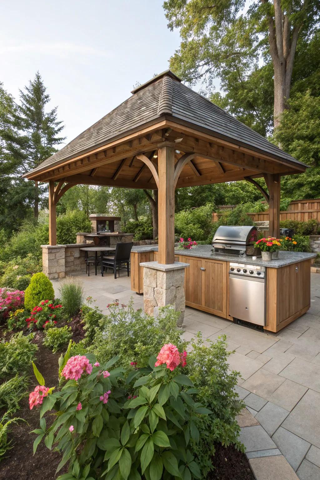 A pavilion nestled within a vibrant garden, offering a peaceful retreat.