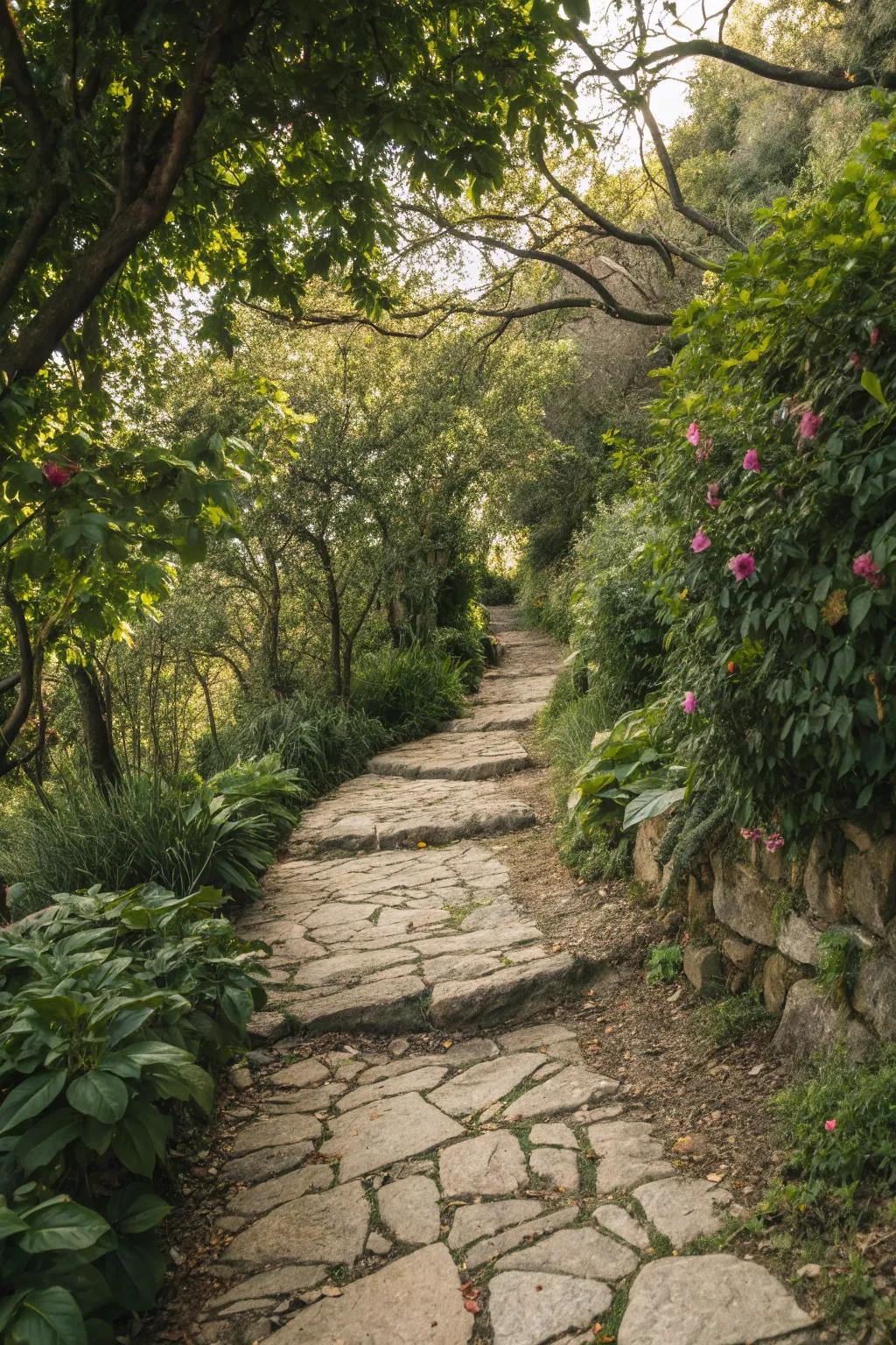 Rustic paving stones blending with nature.