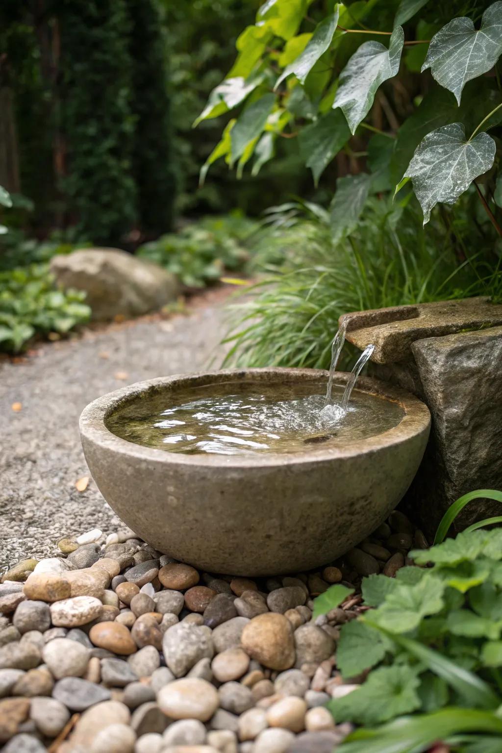 A water feature on pea gravel adds a refreshing touch for your pet.