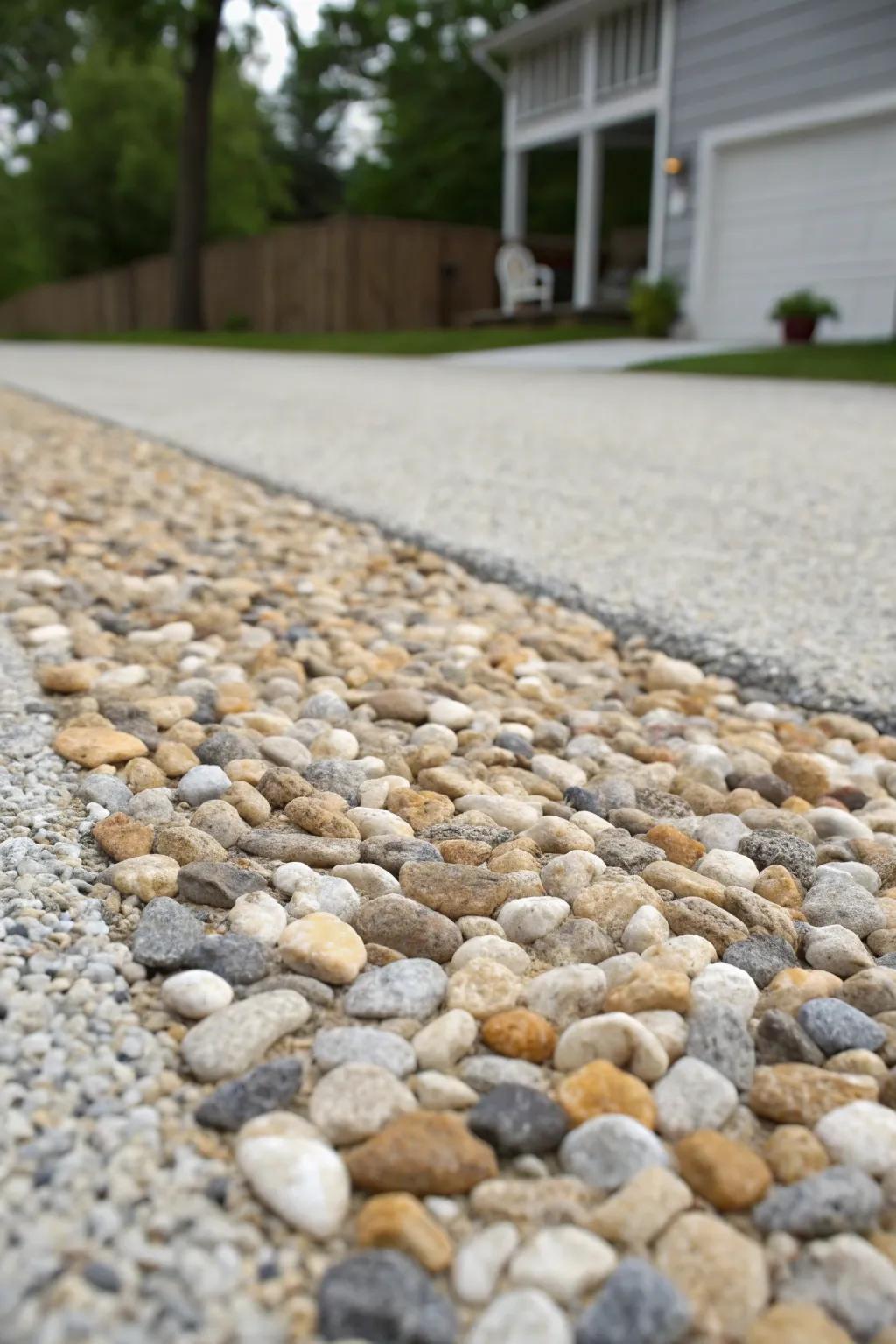A multi-toned pea gravel driveway with a mix of colors.