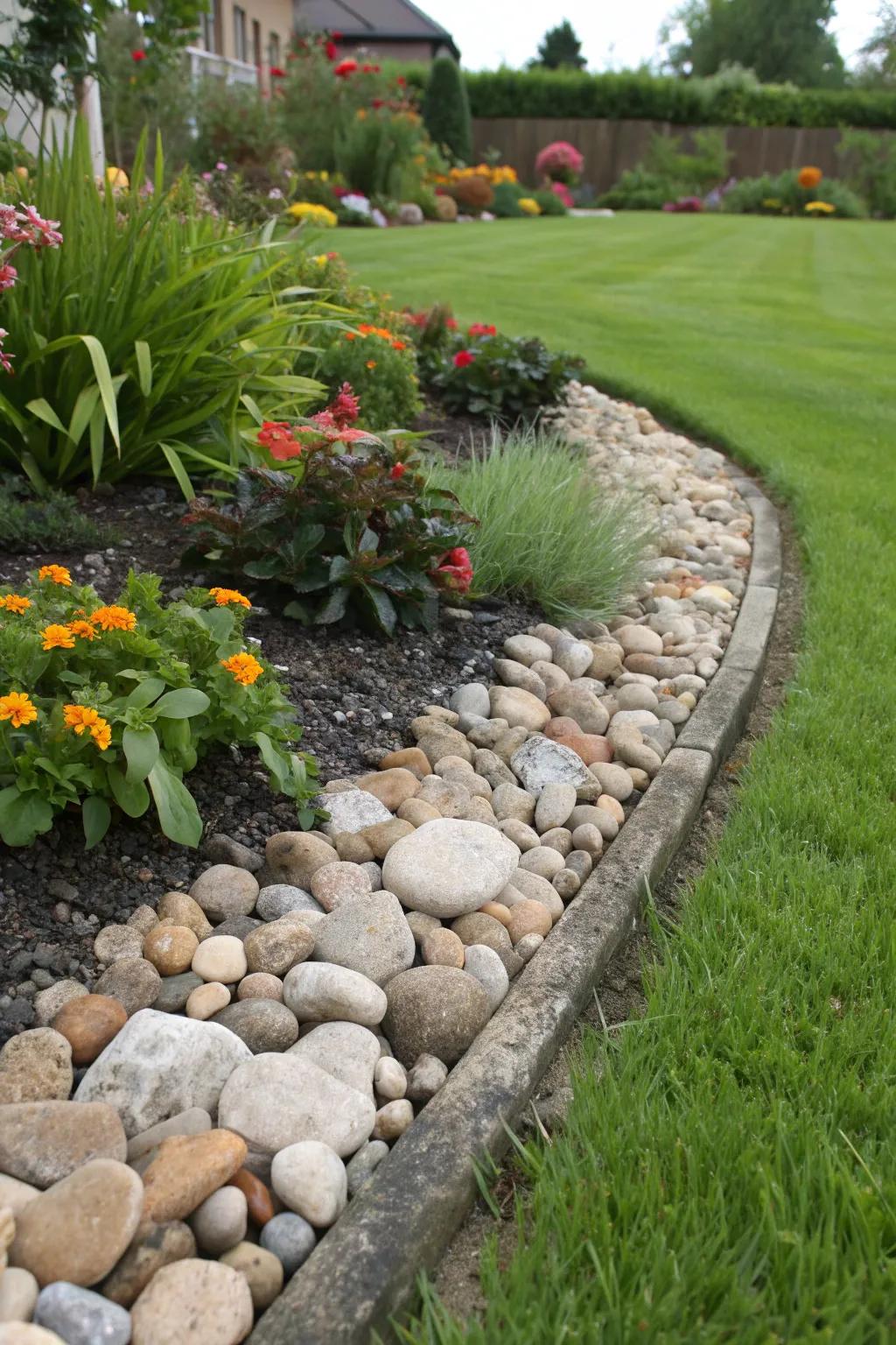 Pebbles defining a garden bed, creating clean and distinct edges.