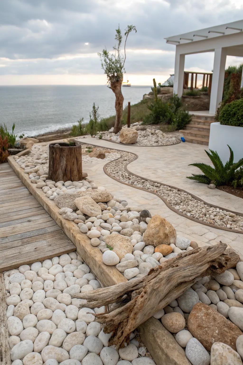 Light pebbles and driftwood create a coastal vibe.