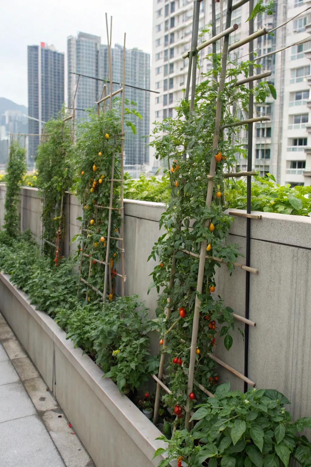 Vertical gardening with peppers climbing trellises, ideal for limited spaces.