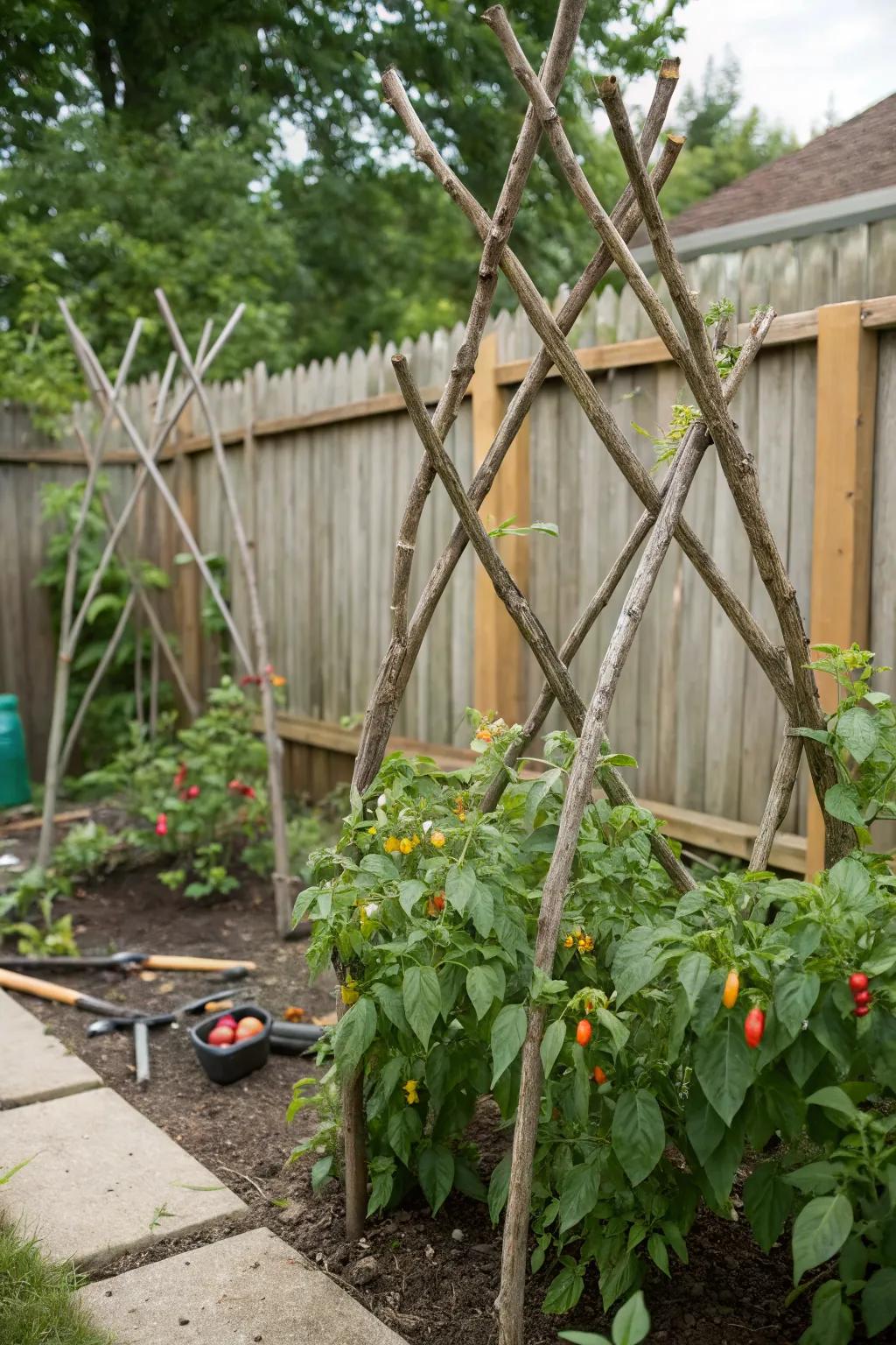 Rustic tree branches add a natural touch to your garden.